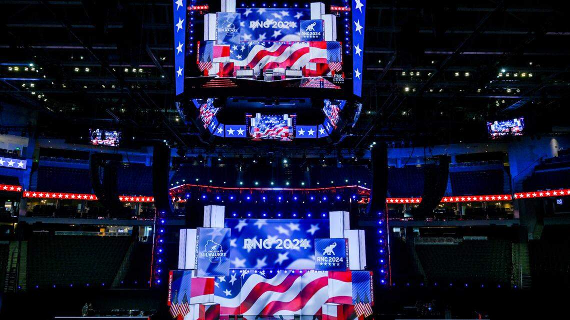 The stage at the Fiserv Forum in Milwaukee, the site of the Republican National Convention, on July 11, 2024. (Kenny Holston/The New York Times)