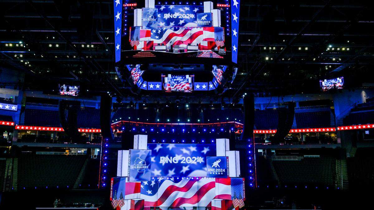 The stage at the Fiserv Forum in Milwaukee, the site of the Republican National Convention, on July 11, 2024. (Kenny Holston/The New York Times)