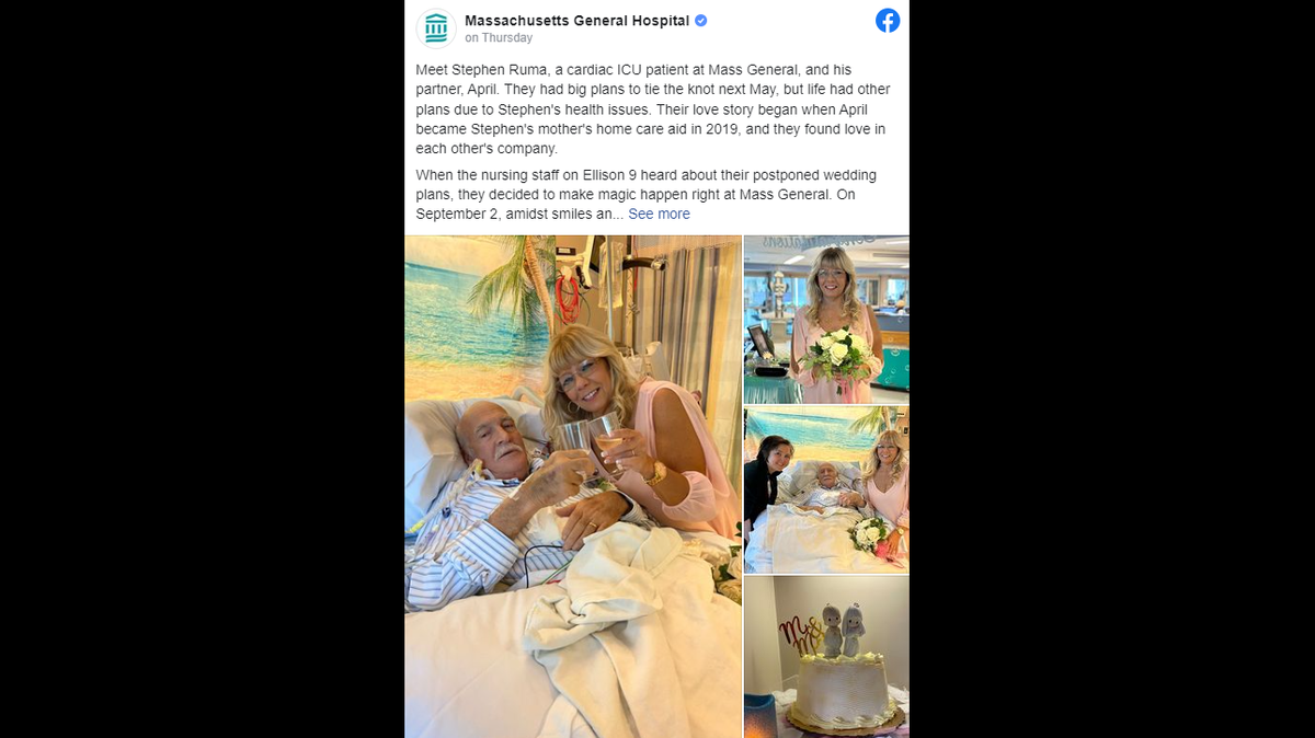 Massachusetts General Hospital staff brought a couple’s dream beach wedding to the groom’s hospital room after his health issues delayed the original ceremony plans, a Facebook post says.