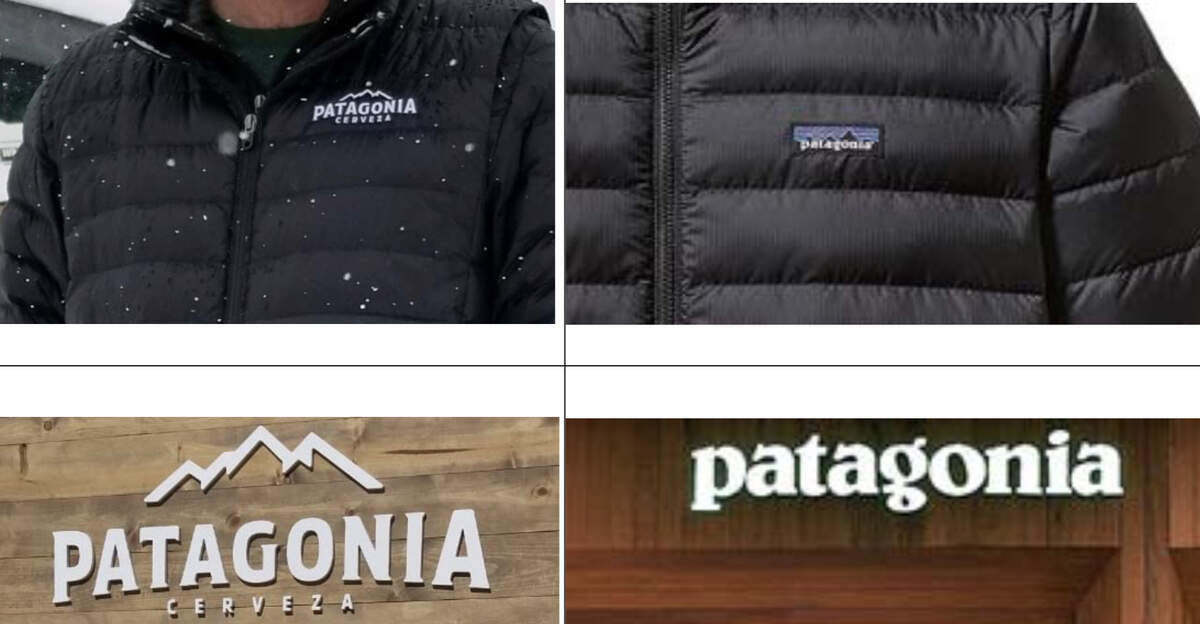 Patagonia included this side-by-side comparison of the Anheuser-Busch beer logos, left, with its own branding, right.