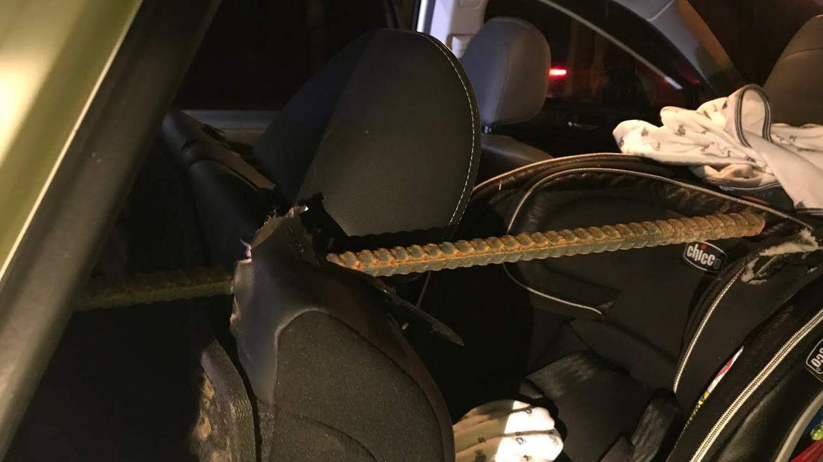 A piece of metal rebar, pictured here, pierced a 1-year-old’s car seat Monday after it flew off a pickup and into a nearby Subaru, police said. It nearly impaled the child.
