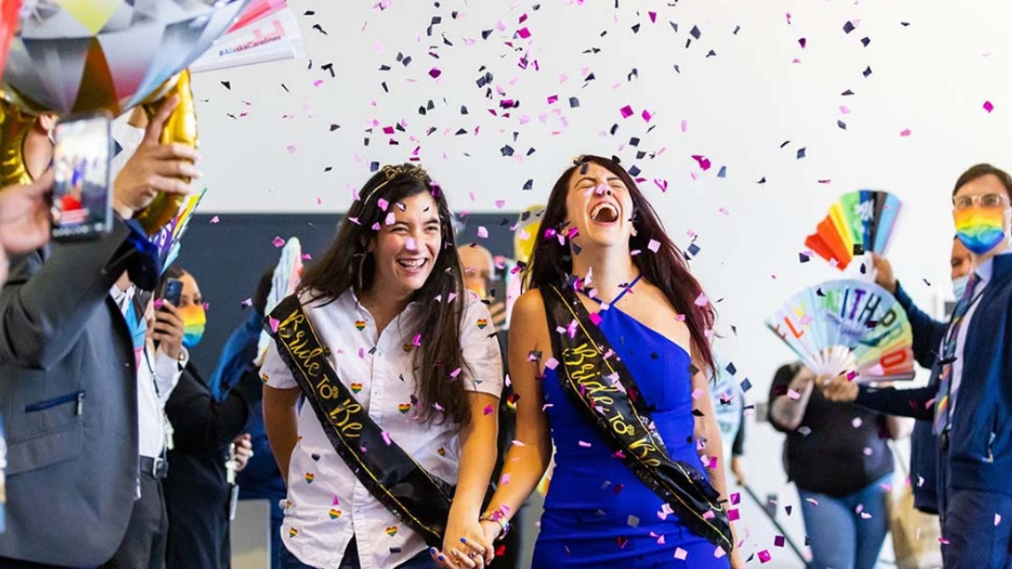 Two Alaska Airlines workers got engaged on a Pride-themed flight, the airline said.