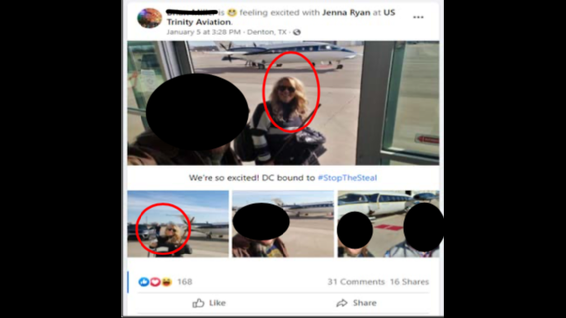 Jenna Ryan was seen in Facebook posts boarding a private plane to Washington, D.C., before the Capitol riot, authorities say. Screengrab from FBI.