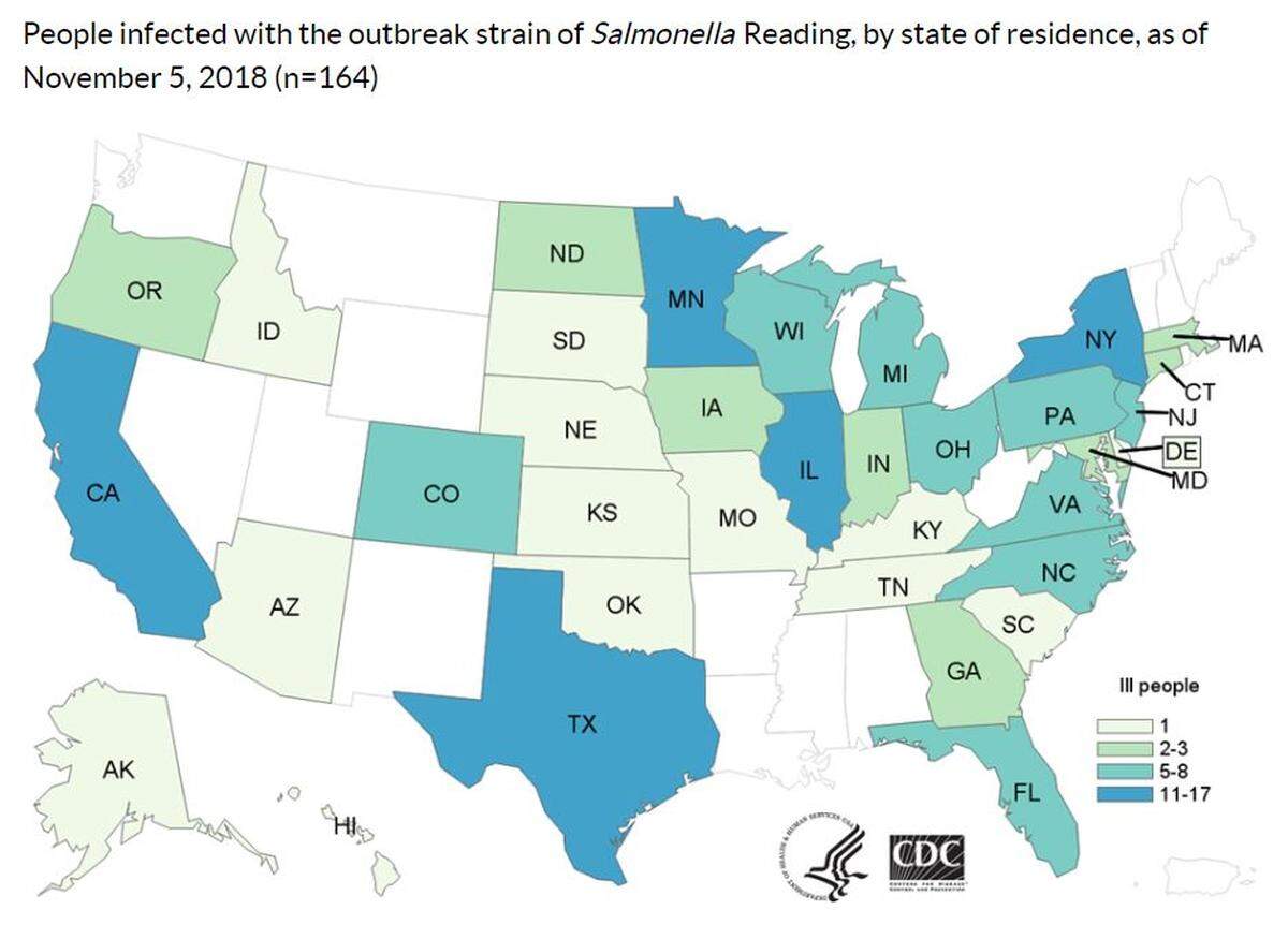 According to the CDC data, Texas, California, Illinois, Minnesota and New York have been the states hardest hit by the salmonella outbreak in raw turkey products.