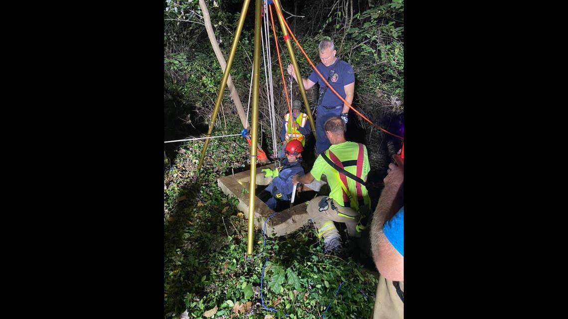 The Edwardsville Fire Department built a pulley system and lowered a firefighter into the well. Photo from Prairietown Fire Department.