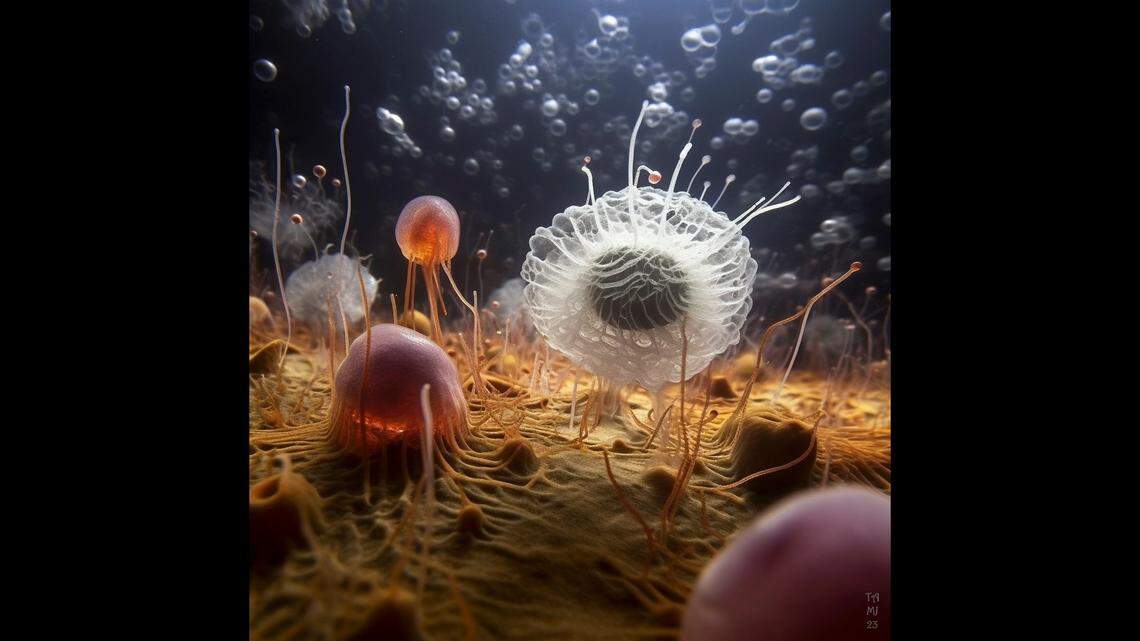 Artist’s imagination of an assemblage of primordial eukaryotic organisms of the ‘Protosterol Biota’ inhabiting a bacterial mat on the ocean floor.