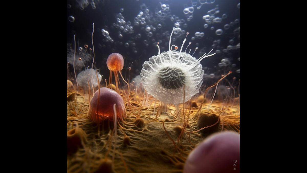 Artist’s imagination of an assemblage of primordial eukaryotic organisms of the ‘Protosterol Biota’ inhabiting a bacterial mat on the ocean floor.