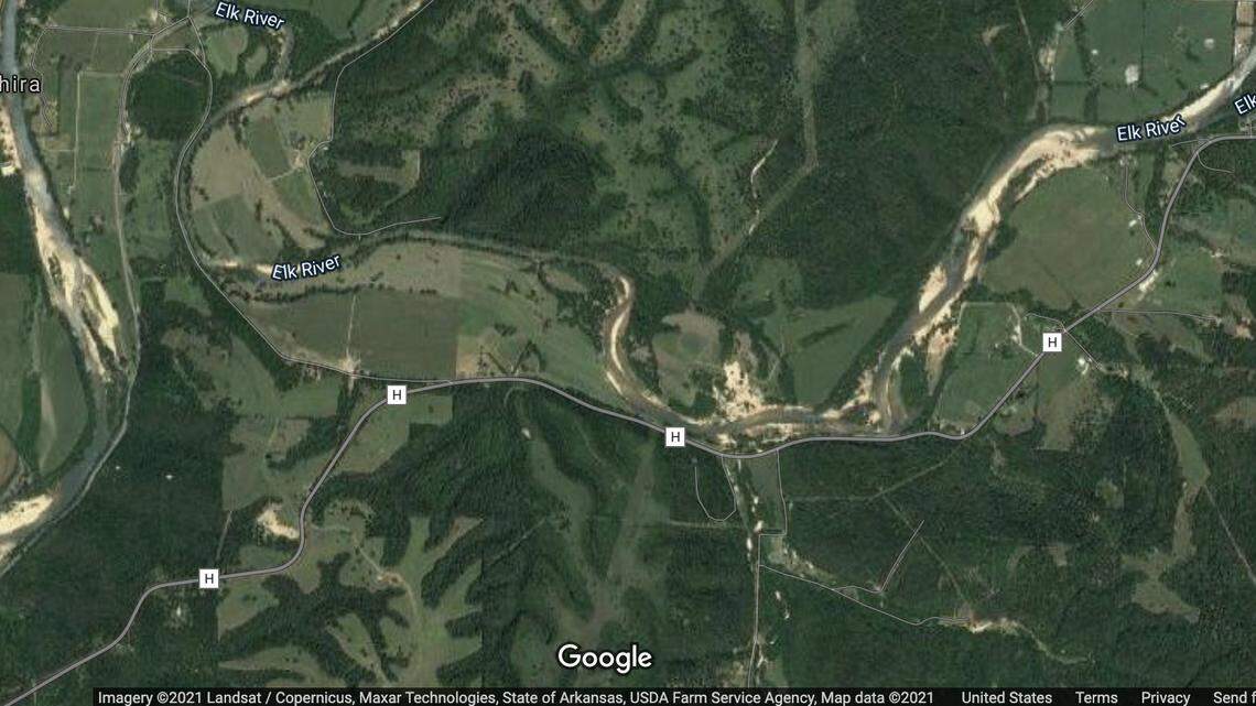 Maria Lilibeth Reyes of San Antonio, Texas, died after her canoe hit a tree in the Elk River near Noel and she was trapped under water, the Missouri State Highway Patrol said. Screengrab from Google.