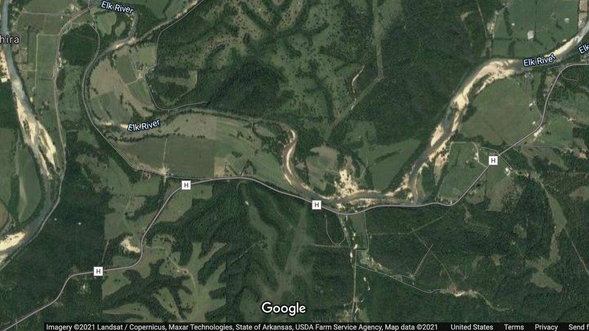 Maria Lilibeth Reyes of San Antonio, Texas, died after her canoe hit a tree in the Elk River near Noel and she was trapped under water, the Missouri State Highway Patrol said. Screengrab from Google.