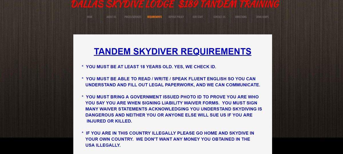 Dallas Skydive Lodge's rules include one about patrons' ability to speak English, and another that directly refuses service to anyone in the U.S. illegally.