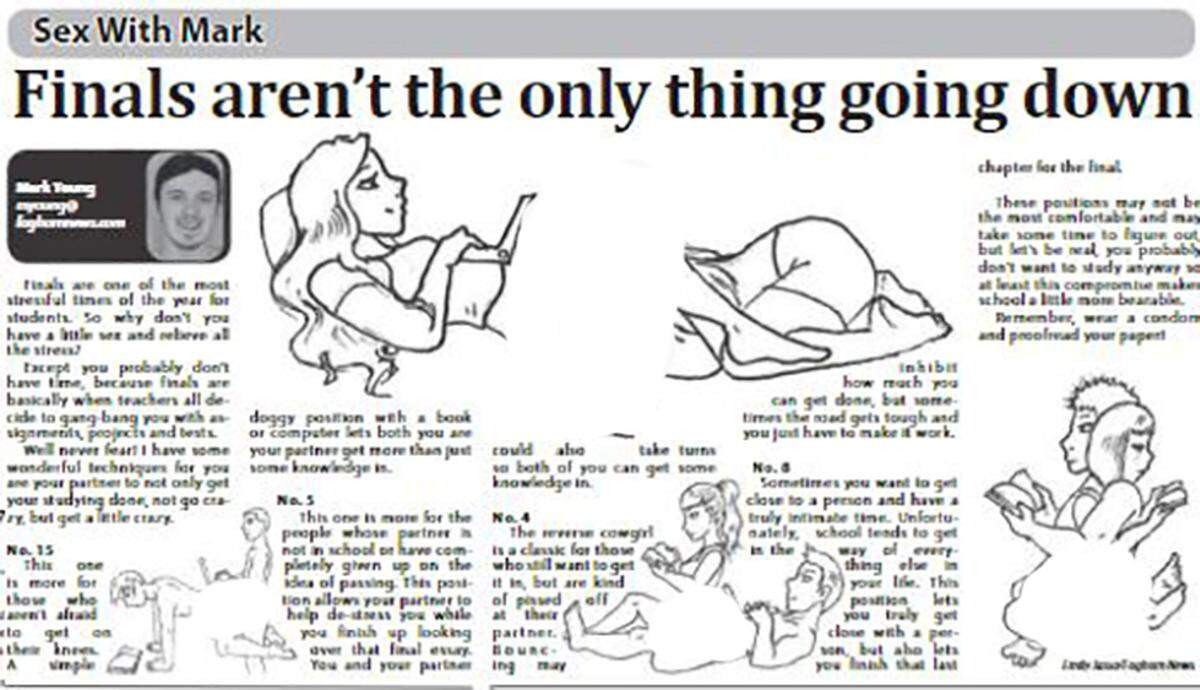 The Foghorn e-edition shows how the sex column appeared in print on Monday, April 30. Parts of the illustrations have been censored here.