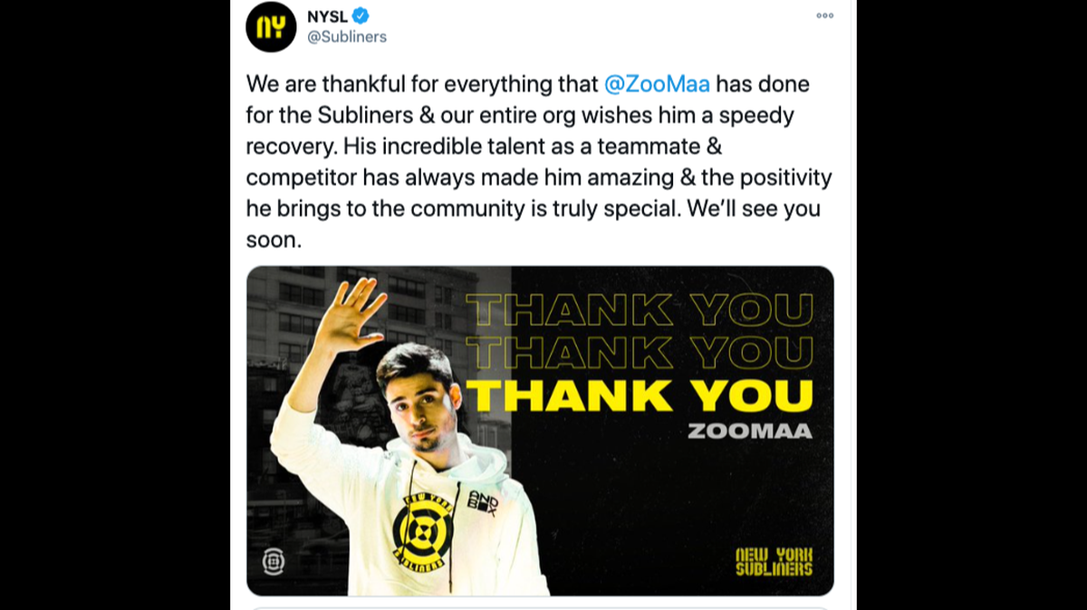 Thomas “ZooMaa” Paparatto is retiring from a career as a professional gamer due to a thumb injury at age 25. He played “Call of Duty” for New York Subliners. Screengrab from @Subliners on Twitter.