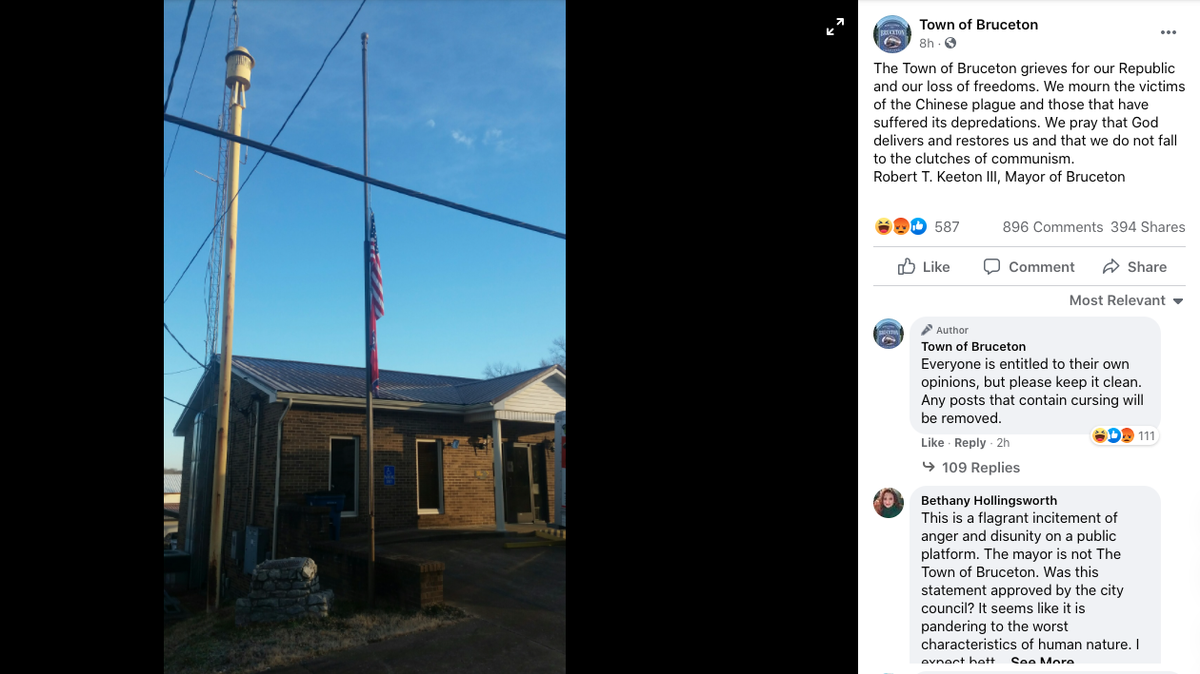 Mayor Robert T. Keeton III of Bruceton, Tennessee, lowered the American flag to half-mast during President Joe Biden’s inauguration on Wednesday, Jan. 20, 2021. In a statement on the town’s Facebook page, Keeton said he “grieves for our Republic and our loss of freedoms.”