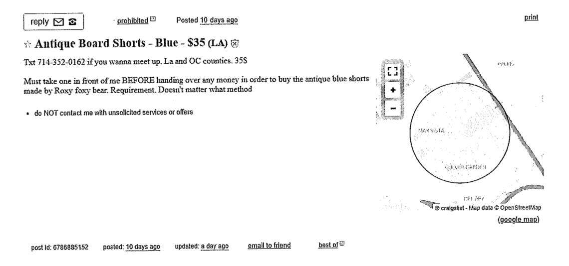 A Craigslist post from January that authorities said is tied to a phone number Ferrari used. The word “Roxy” refer to Roxicodone, a type of oxycodone, while “blue” refers to the color of particularly strong pills, according to a criminal complaint.