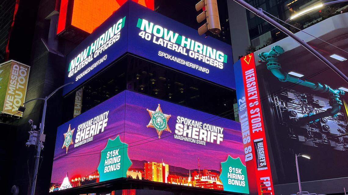Spokane County Sheriff’s Office put up advertisements in Times Square for 40 officer jobs in “Washinton state,” photos show.