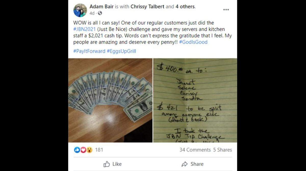 A customer who regularly patronizes a Greenville, South Carolina, restaurant left a $2,021 tip for the staff to split as part of the ‘”Just be nice” challenge.