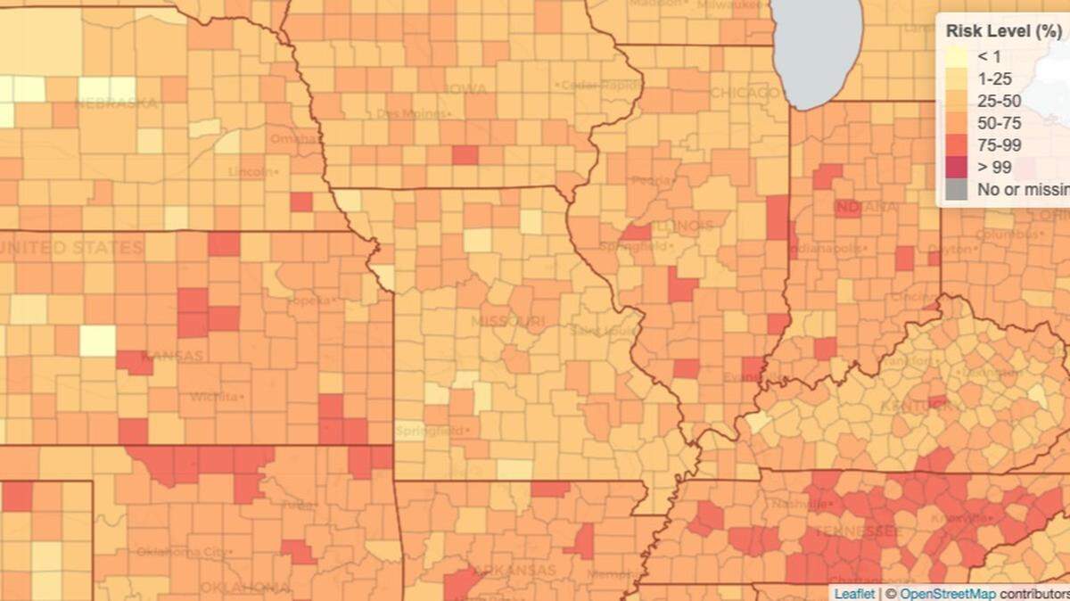 A COVID-19 risk tool lets users assess the likelihood a New Year’s Eve party will include a person who’s positive for the coronavirus in every Missouri county. Screengrab from Georgia Institute of Technology.