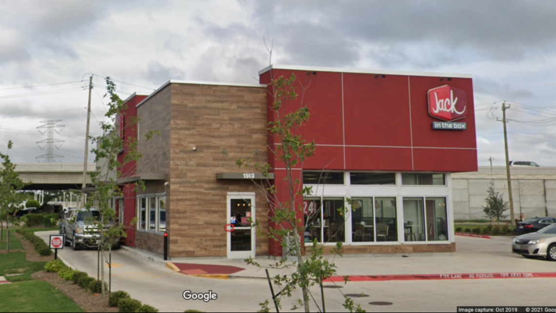 A Jack in the Box manager in League City, Texas, was tackled and stabbed by a customer after he asked the man to wear a mask inside the restaurant, police say. Screengrab from Google.