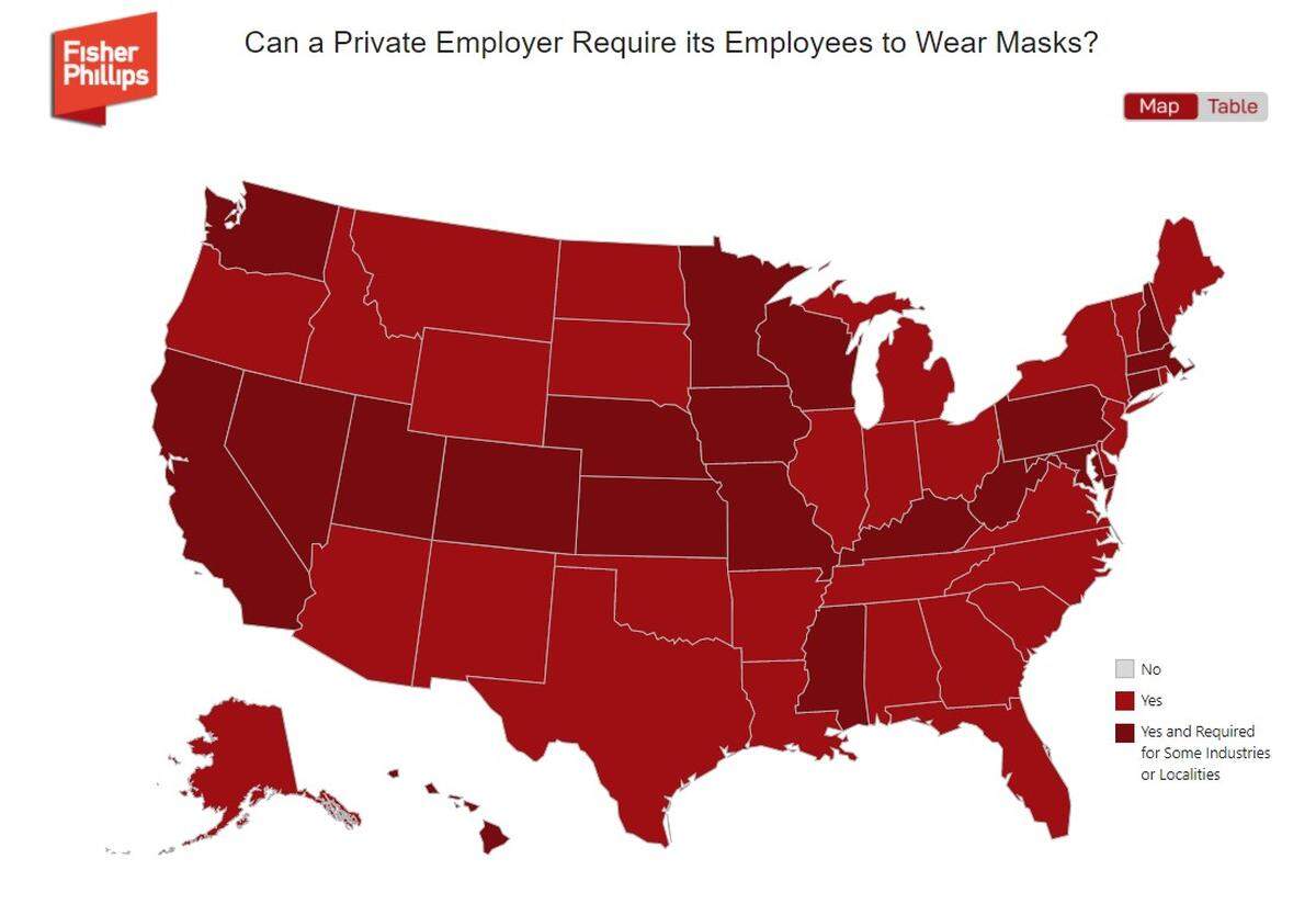 Legal experts at the national labor and employment firm Fisher Phillips are tracking state regulations in real-time to show whether private employers can institute mask mandates.