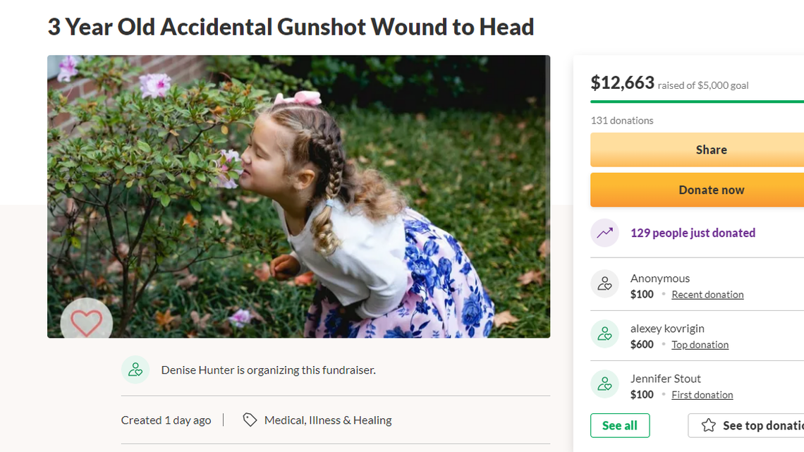 A 3-year-old North Carolina girl was hospitalized after she accidentally shot herself in the head, officials said.