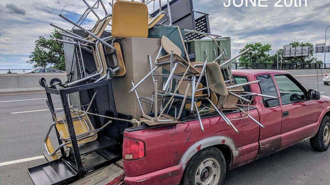 Police in western Massachusetts pulled over a man for having a dangerous, unsecured load in his pickup truck twice in a week — first furniture-like office chairs, then a huge load of branches spilling out the back, according to the Chicopee Police Department.