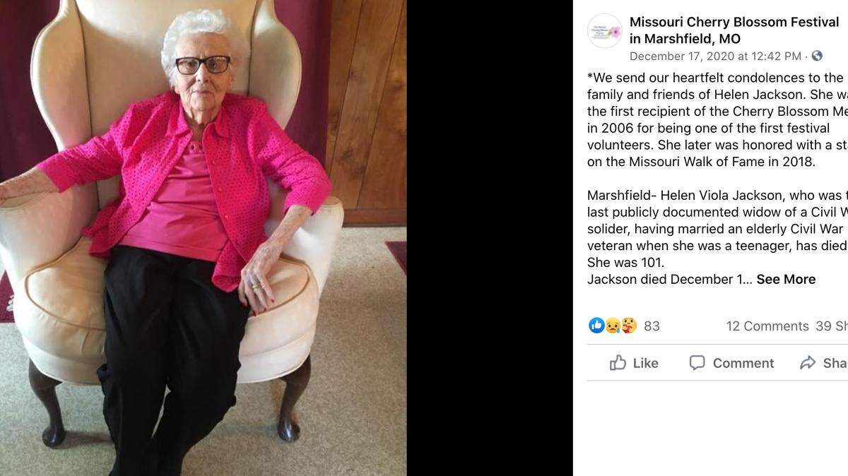 Helen Viola Jackson, the last known widow of a Civil War veteran, died in a Marshfield, Missouri, nursing home Dec. 16. Screengrab from Missouri Cherry Blossom Festival in Marshfield, MO on Facebook.