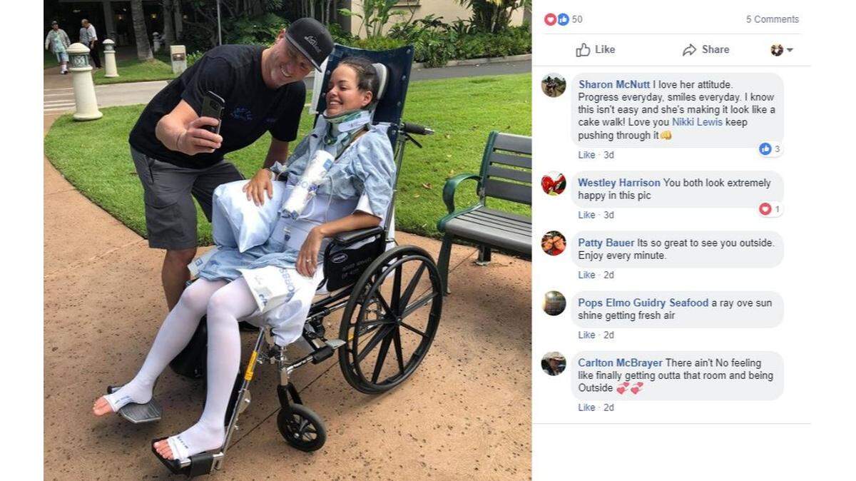 NIkky Lewis and her husband Will are still in Honolulu and trying to get home to North Texas after she suffered multiple neck fractures while on a boogie boarding outing during their honeymoon on Maui.