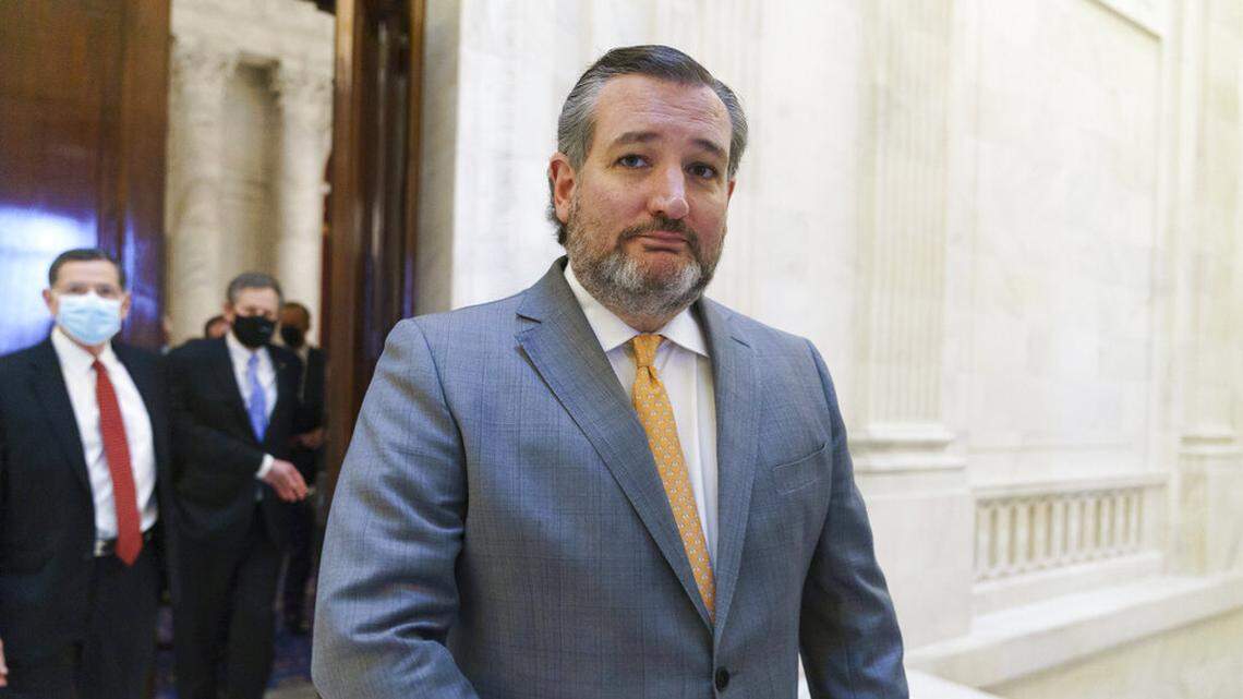 Sen. Ted Cruz, R-Texas, and other members of the Republican Conference leave a luncheon on Capitol Hill in Washington, Wednesday, March 24, 2021.