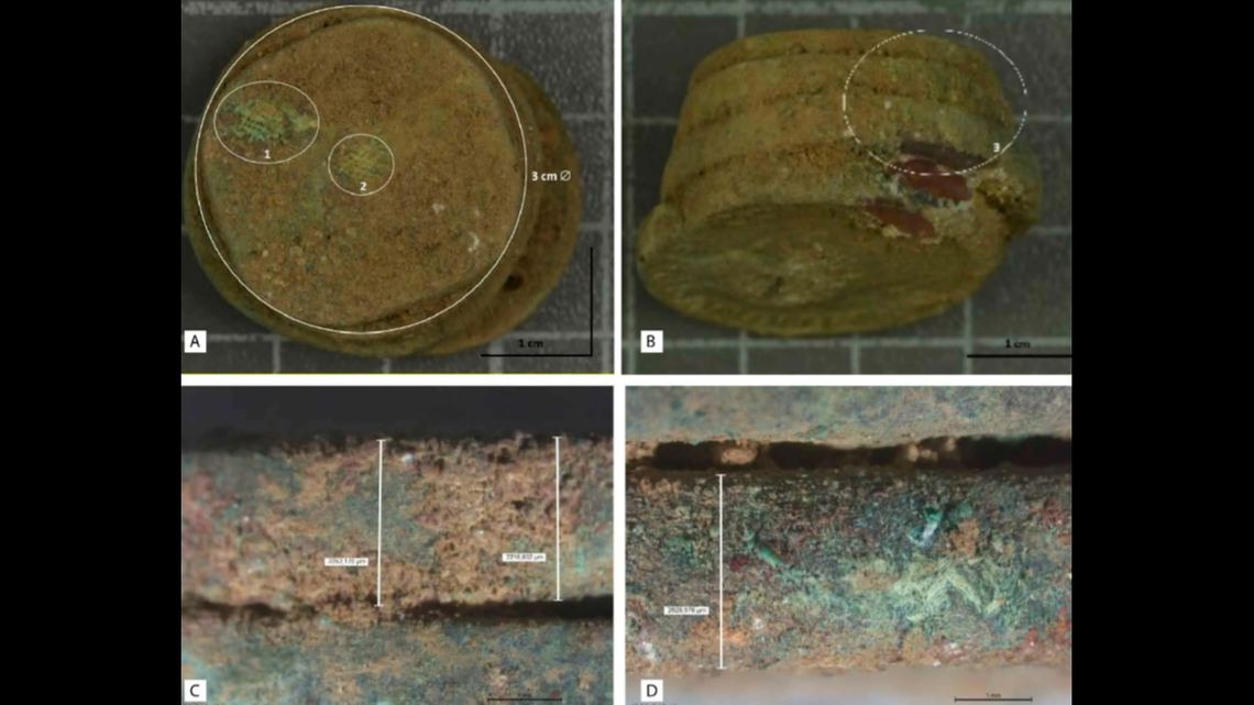 Researchers said they could see the traces of the coin purse on the outside of the coins.