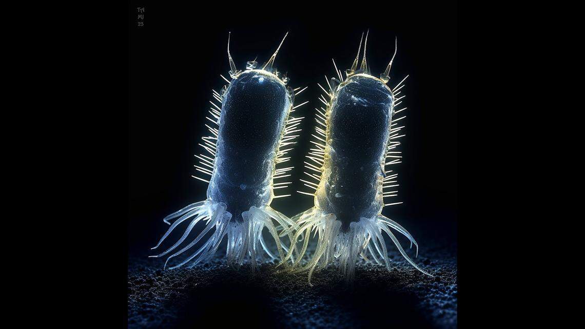 Artist’s imagination of two primordial eukaryotic organisms of the ‘Protosterol Biota’ on the ocean floor.