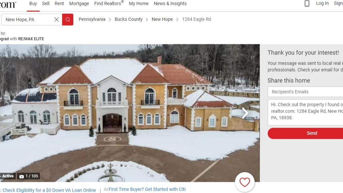 A 19,000 square-foot mansion with 2 walk-in vaults and 30 crystal chandeliers in Pennsylvania is on the market for $8.4 million.