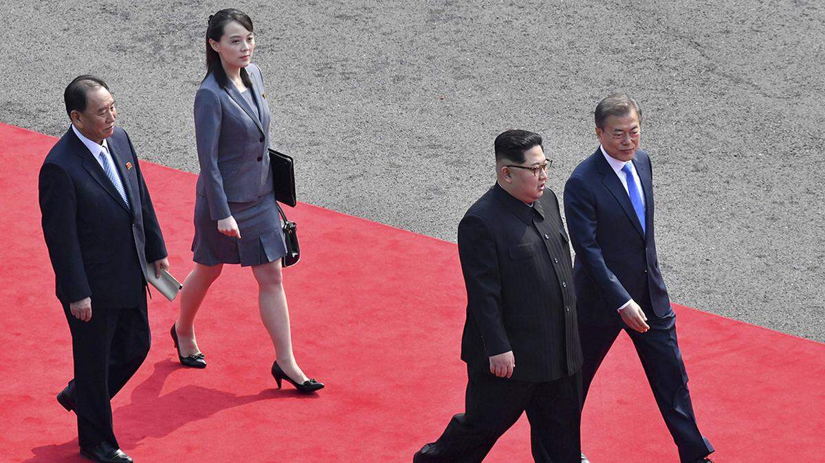 FILE - In this April 27, 2018, file photo, North Korean leader Kim Jong Un, second from right, walks with South Korean President Moon Jae-in, right, to hold their meeting at the border village of Panmunjom in Demilitarized Zone. Second from left is Kim’s sister Kim Yo Jong. Kim Jong Un’s disappearance from the public eye is raising speculation about not only his health but also about who’s next in line to run North Korea if anything happens to the leader. Some experts say his sister and close associate Kim Yo Jong is most likely since North Korea has been ruled by the Kim family for seven decades. (Korea Summit Press Pool via AP, File)