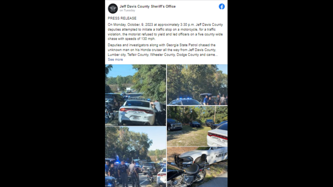 A motorcyclist led Georgia deputies on a five-county high-speed chase Oct. 9, officials said.