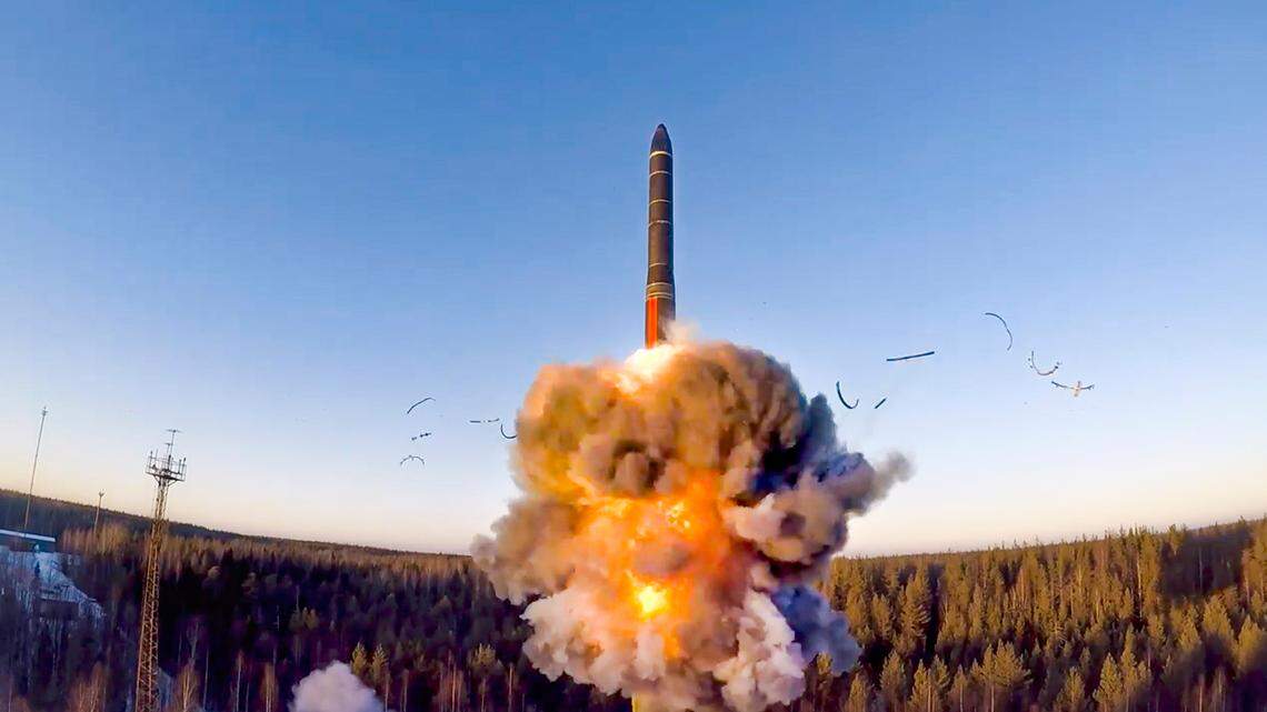 A rocket launches from missile system as part of a ground-based intercontinental ballistic missile test launched from the Plesetsk facility in northwestern Russia in 2020. (Russian Defense Ministry Press Service via AP, File)
