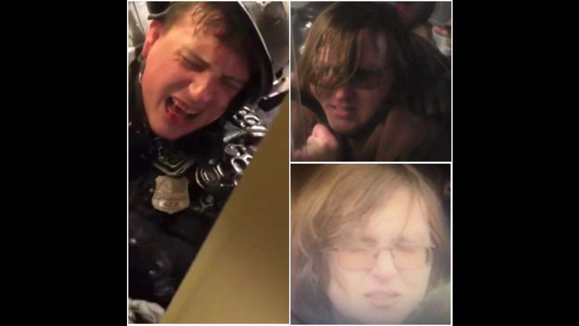 Washington, D.C., police and the FBI released photos of a wanted suspect after video showed officer Daniel Hodges crushed in a door during the Capitol riot. Photos from DC Police Department.
