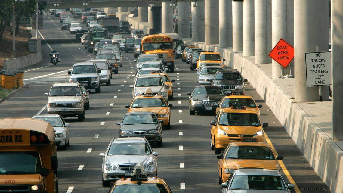 Cars make their way in heavy traffic on the Van Wyck Expressway in New York Thursday, Aug. 11, 2005. A construction worker was killed on the expressway on Nov. 1, 2022, according to police.