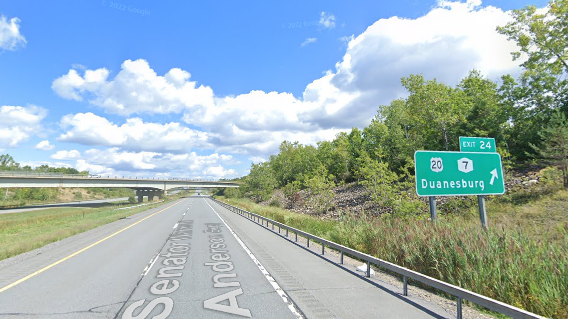 A man drove into a dead bobcat hanging from an overpass in Duanesburg, NY, police said.