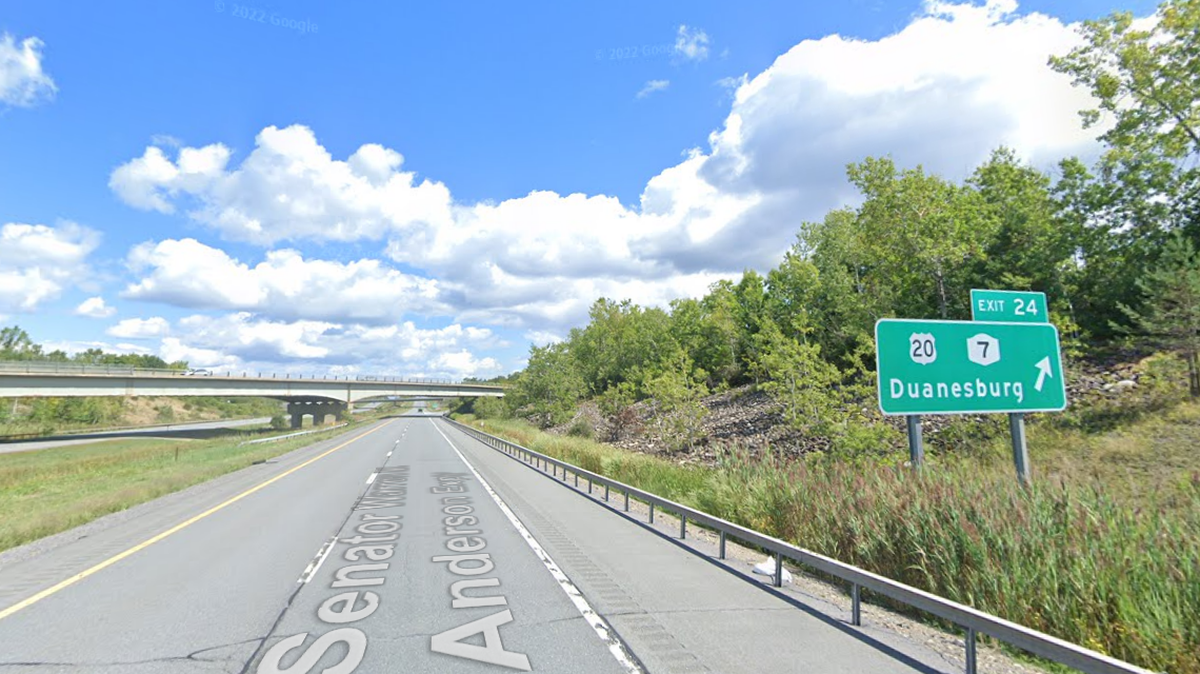 A man drove into a dead bobcat hanging from an overpass in Duanesburg, NY, police said.