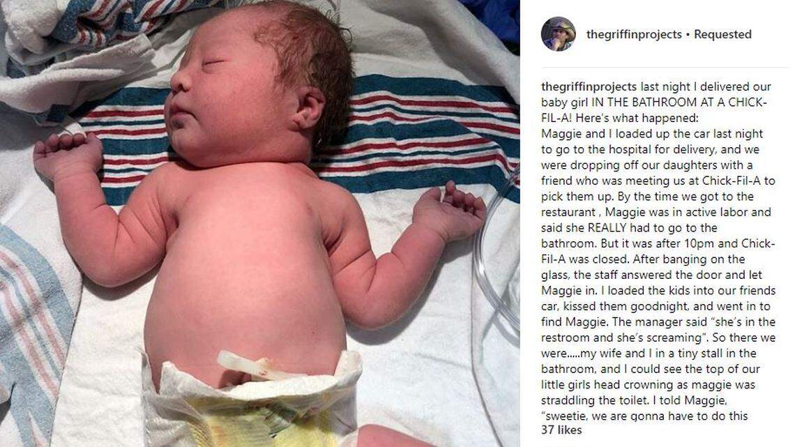 Gracelyn Mae Violet Griffin was born in a Chick-fil-A bathroom stall, and was wrapped in her dad's "Trump 2020" T-shirt after the special delivery Tuesday night.