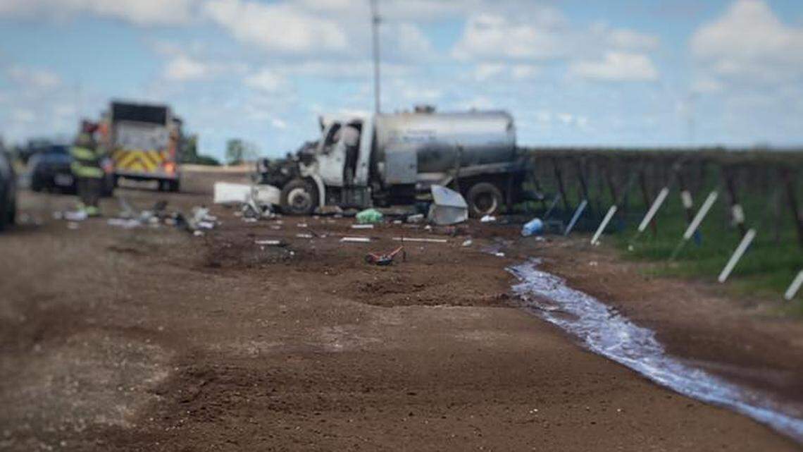 California Highway Patrol officers in Stockton said a tanker truck near Linden apparently drifted off the road, over-corrected and overturned — spilling port-a-potty fluid on the road. Officers suspect drunk driving.