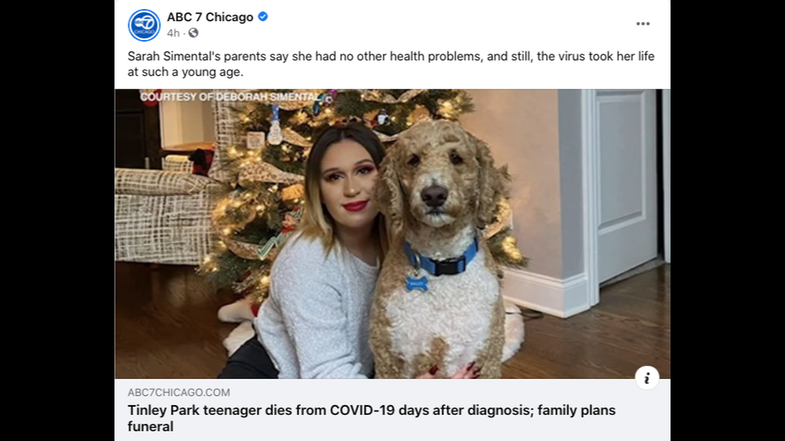 Sarah Simental, a teen from Tinley Park, Illinois, died of COVID-19 days after she tested positive for the virus. Her mom says the 18-year-old was healthy. Screengrab from ABC 7 Chicago on Facebook.