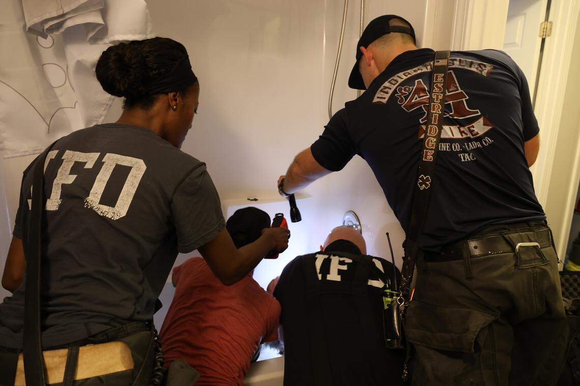 Multiple crews in Indiana were called to help rescue a dog after his paw got stuck in a bathtub drain.