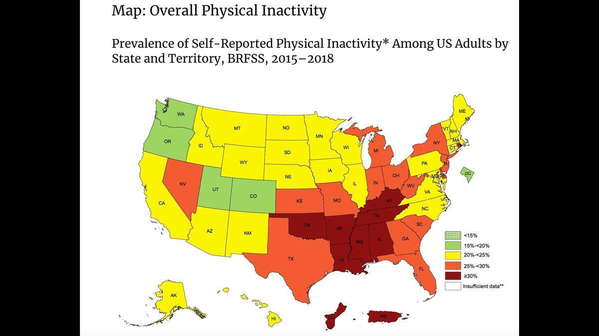 A CDC survey of U.S. adults determined what percentage of adults in each state is considered physically inactive, which means engaging in no leisure-time physical activity during the past month. Screengrab from CDC.