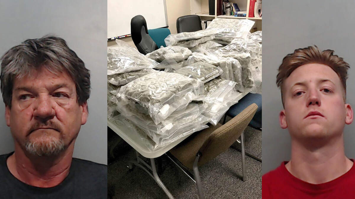 Jack Maniscalco, left, and his 22-year-old son, Mason Maniscalco, were arrested Thursday night, accused of possessing nearly 50 pounds of marijuana police say was smuggled in from a state where the plant's growth is legal.