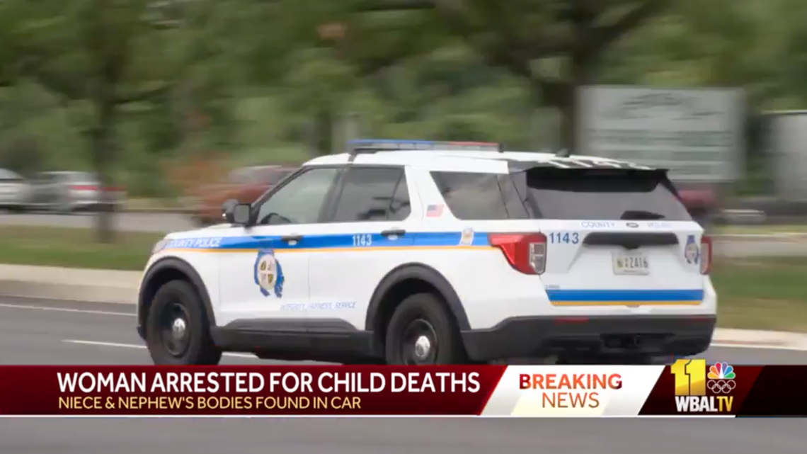 Nicole Johnson was arrested after the bodies of her niece, Joshlyn Johnson, and nephew, Larry O’Neill, were found in her car, Baltimore police said. Screengrab from WBAL TV.