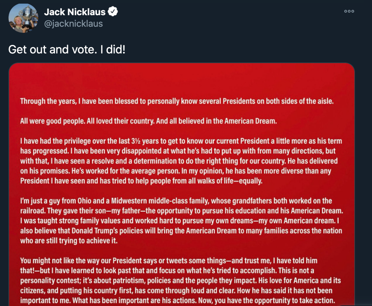 Jack Nicklaus urged Americans to vote and also announced that he’d cast his ballot for President Donald Trump
