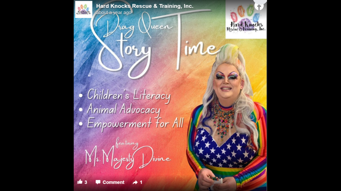 A social media flier for a previous “Drag Queen Story Time” at Hard Knocks Rescue and Training in Huntsville, Alabama.