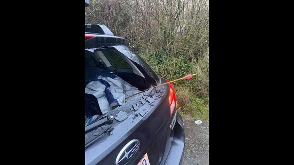 A Washington resident accidentally shot an arrow through a car’s back window in south King County. Take a look at the damage.