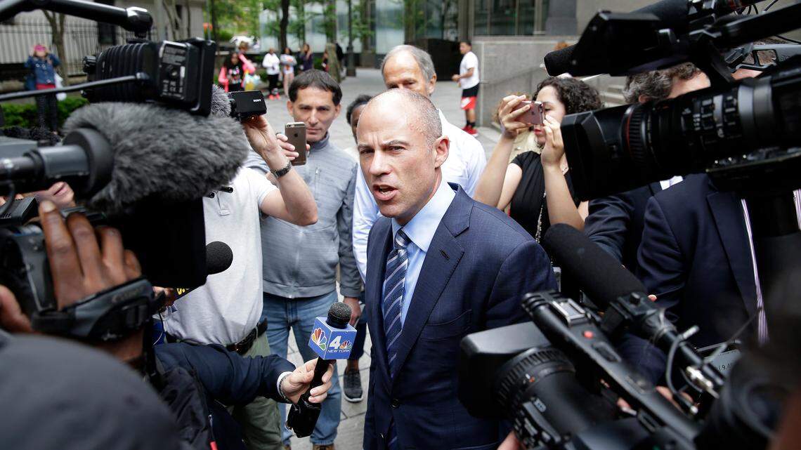 Michael Avenatti, attorney for Stormy Daniels, talks to reporters as he leaves court in New York in May.