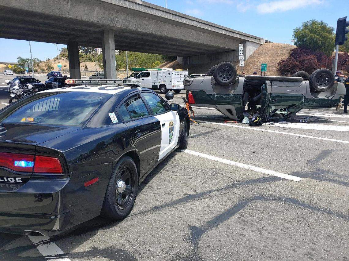 The truck crashed and rolled over, police said.